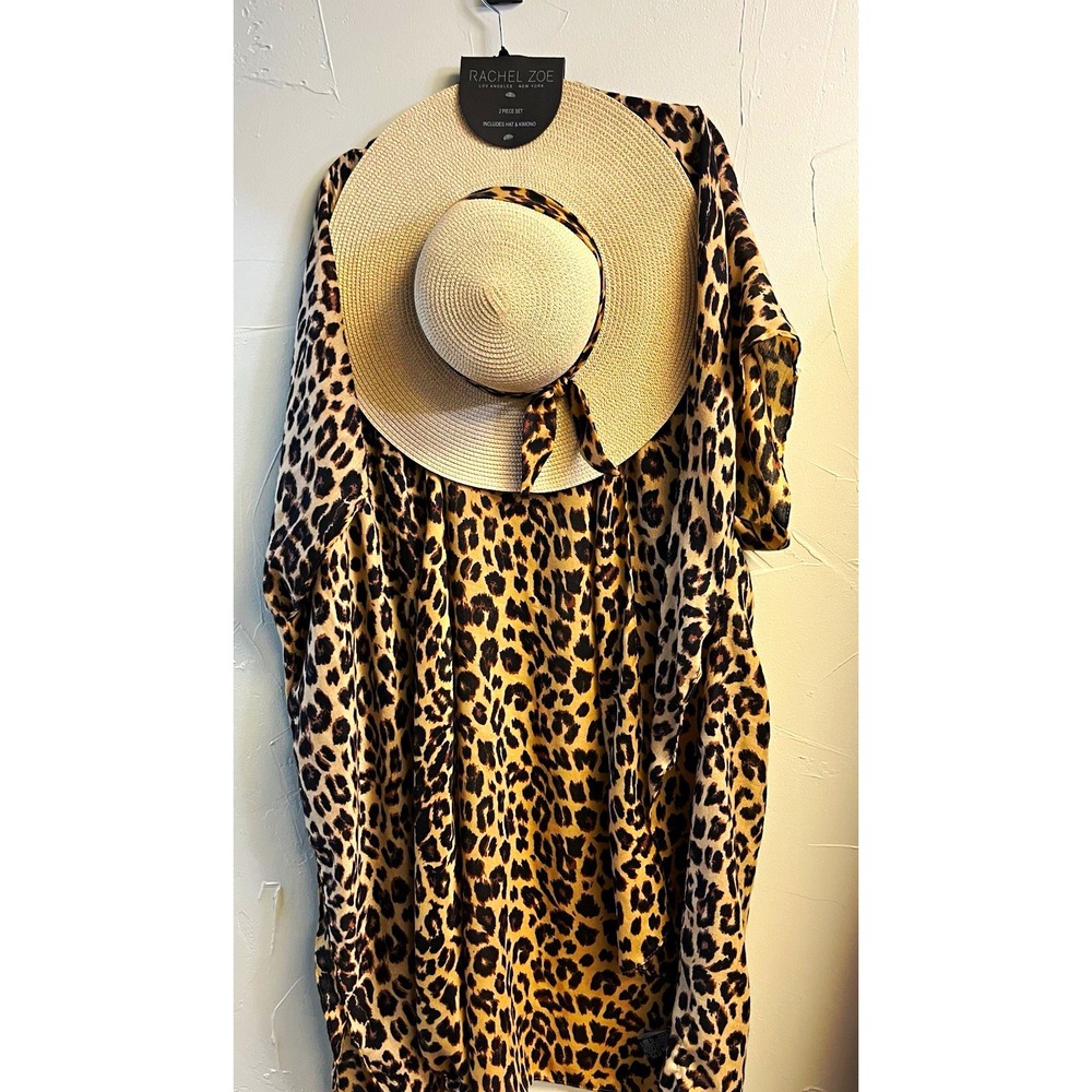 Rachel Zoe Women's 2-Pc Set Straw Sun Hat Bow + Kimono Leopard Print One Size